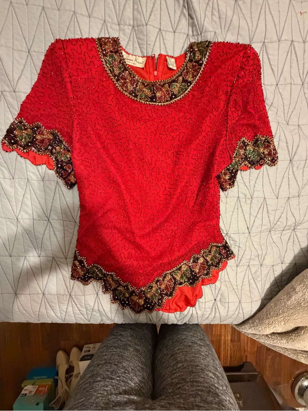 Vintage Laurence Kazar Silk Beaded Sequin Top M Red Gold Evening Cocktail Party